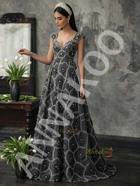 Shop 2026 ANNAKOO Gray Empire V Neck Flower Sequin Beading A Line Prom Dress Under 298