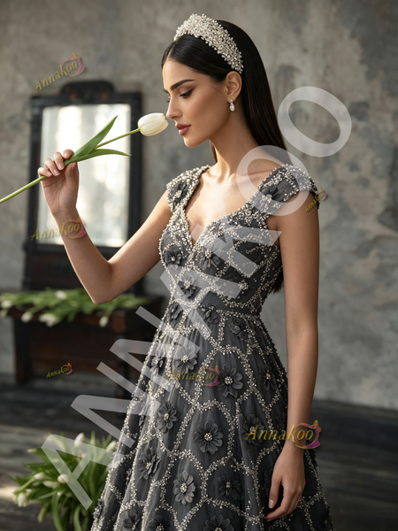Shop 2026 ANNAKOO Gray Empire V Neck Flower Sequin Beading A Line Prom Dress Under 298