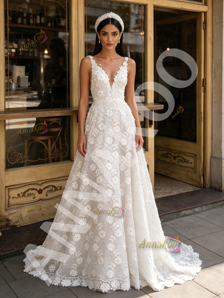 Shop 2026 ANNAKOO White V Neck Tulle Lace Daisy Flower Beading Wedding Dress Under 298