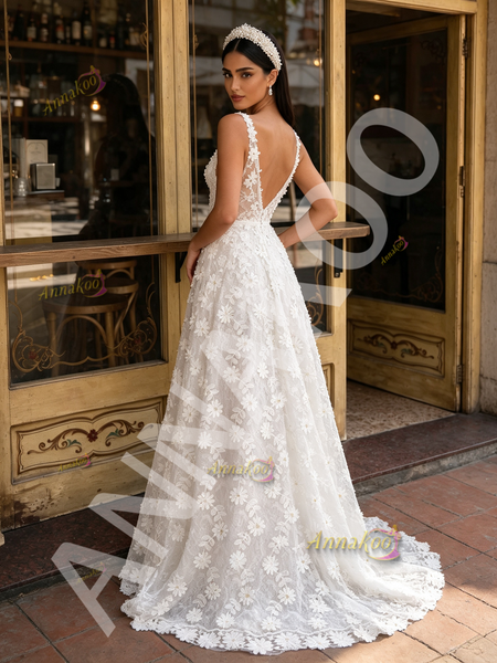 Shop 2026 ANNAKOO White V Neck Tulle Lace Daisy Flower Beading Wedding Dress Under 298