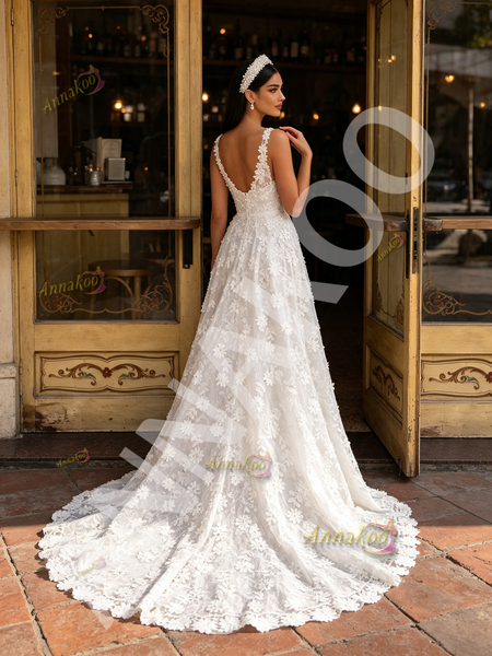 Shop 2026 ANNAKOO White V Neck Tulle Lace Daisy Flower Beading Wedding Dress Under 298