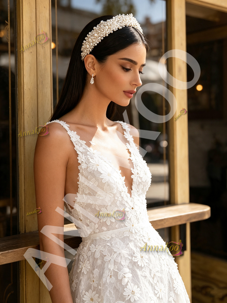 Shop 2026 ANNAKOO White V Neck Tulle Lace Daisy Flower Beading Wedding Dress Under 298