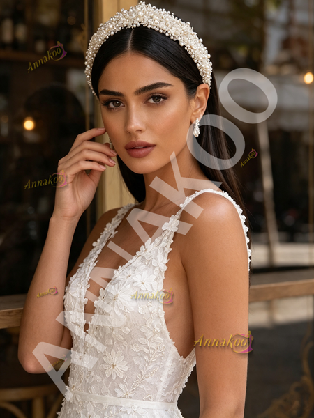 Shop 2026 ANNAKOO White V Neck Tulle Lace Daisy Flower Beading Wedding Dress Under 298