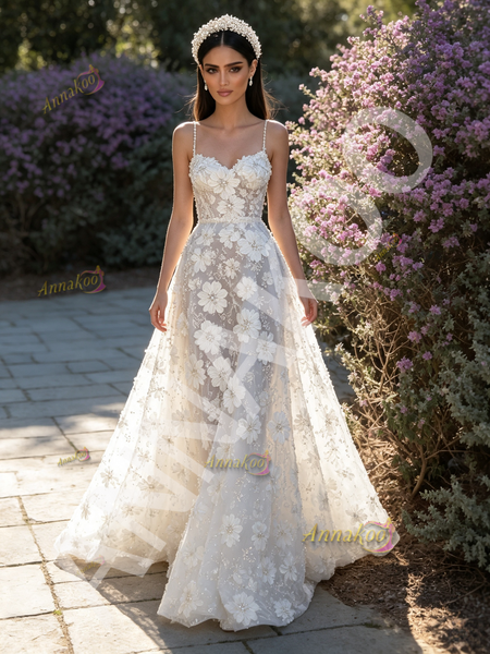 Shop 2026 ANNAKOO Spaghetti Straps Pearls Beading Flowers Tulle Wedding Dress Under 329