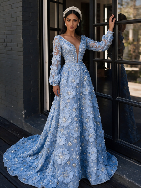 Long Sleeve Deep V‑Neck A‑Line Prom Dress In Blue With Floral Beading