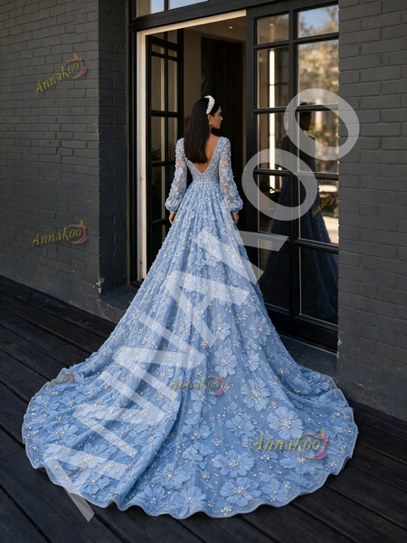 Long Sleeve Deep V‑Neck A‑Line Prom Dress In Blue With Floral Beading