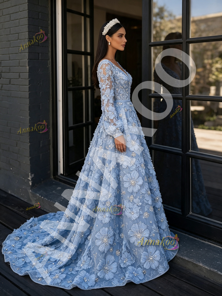 Long Sleeve Deep V‑Neck A‑Line Prom Dress In Blue With Floral Beading