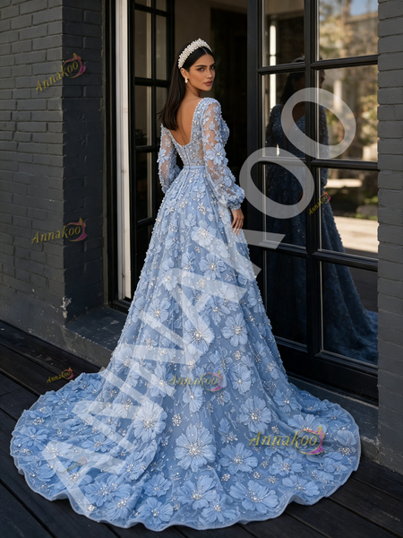 Long Sleeve Deep V‑Neck A‑Line Prom Dress In Blue With Floral Beading