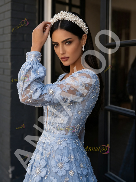 Long Sleeve Deep V‑Neck A‑Line Prom Dress In Blue With Floral Beading