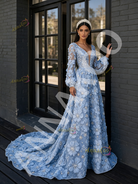 Long Sleeve Deep V‑Neck A‑Line Prom Dress In Blue With Floral Beading