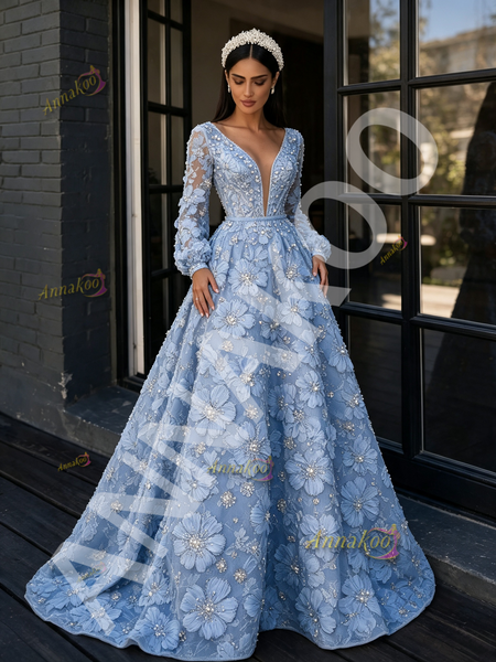 Long Sleeve Deep V‑Neck A‑Line Prom Dress In Blue With Floral Beading