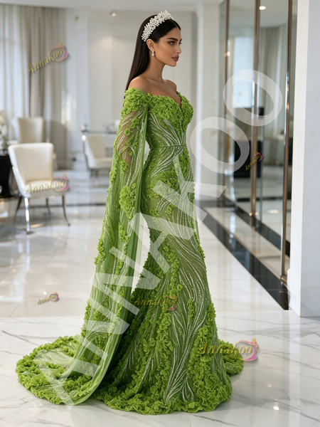 Green Tulle Trumpet Mermaid Prom Dress With Beaded Cape & Floral Details