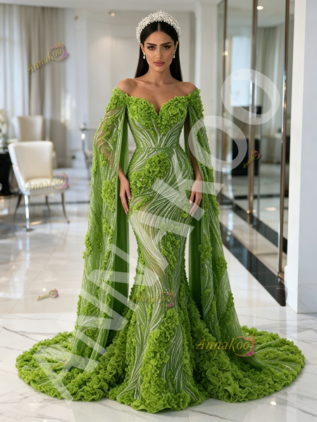 Green Tulle Trumpet Mermaid Prom Dress With Beaded Cape & Floral Details