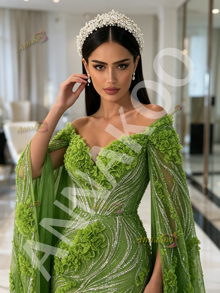 Green Tulle Trumpet Mermaid Prom Dress With Beaded Cape & Floral Details