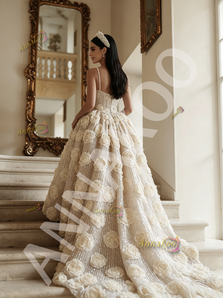 Champagne Rose Spaghetti Straps Ball Gown Sequin Prom Dress