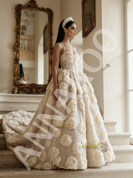 Champagne Rose Spaghetti Straps Ball Gown Sequin Prom Dress