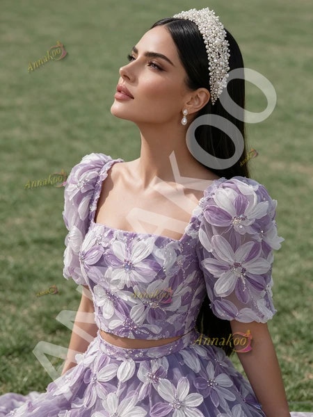 Square neckline with puffy sleeves on purple floral A-line prom dress