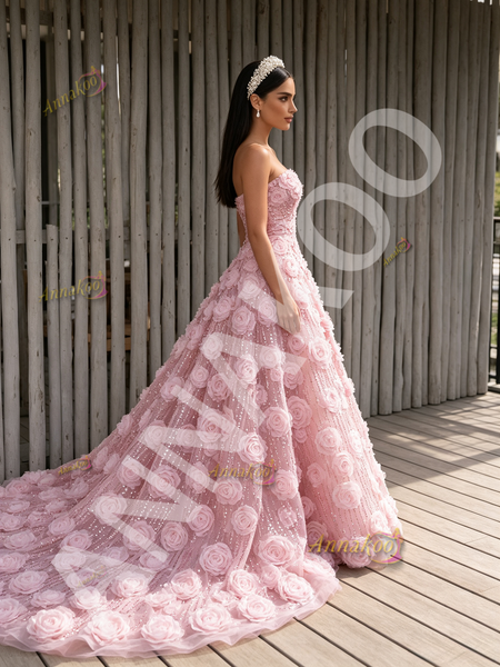Pink Sequin A Line Rose Flower Strapless Prom Dress