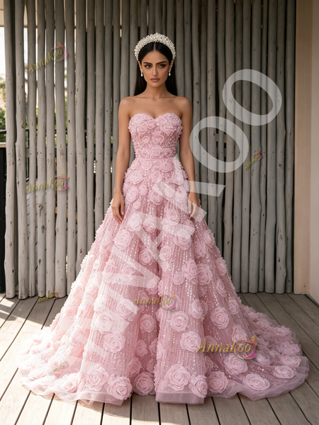 Floor-length A-line skirt on pink sequin custom-made dress