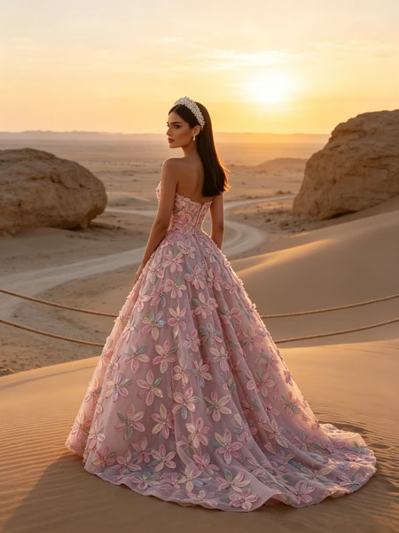 Pink strapless floral beaded A line tulle prom dress