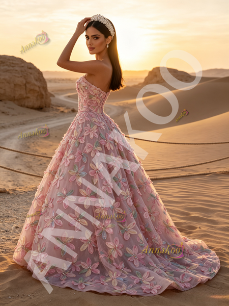 Floor length A line tulle skirt on pink prom dress