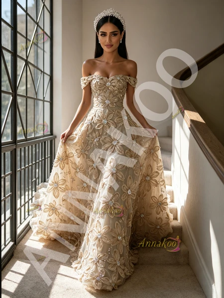 Front view of champagne off the shoulder A line prom dress