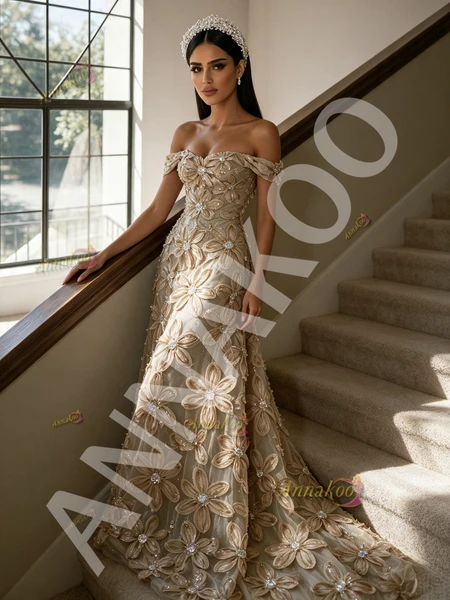 Front view of champagne off the shoulder A line prom dress