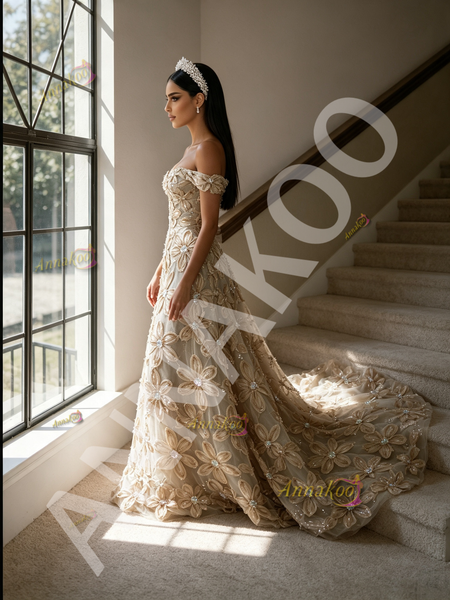 Off the shoulder floral beaded bodice on champagne prom dress