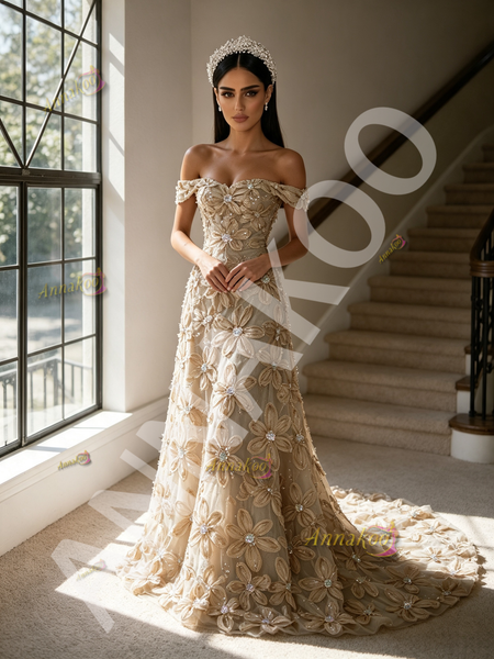 Front view of champagne off the shoulder A line prom dress