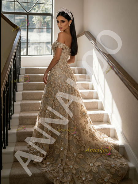 Off The Shoulder Champagne A Line Floral Beading Prom Dress