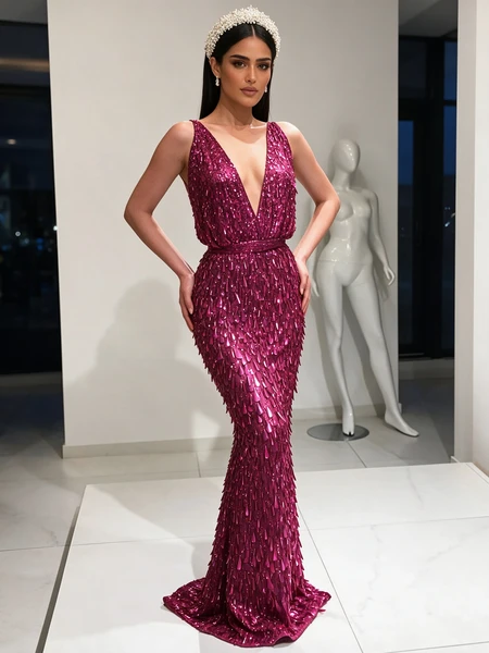 Fuchsia sequin sheath prom dress with a deep V-neckline, a backless design, and a sleek column silhouette.