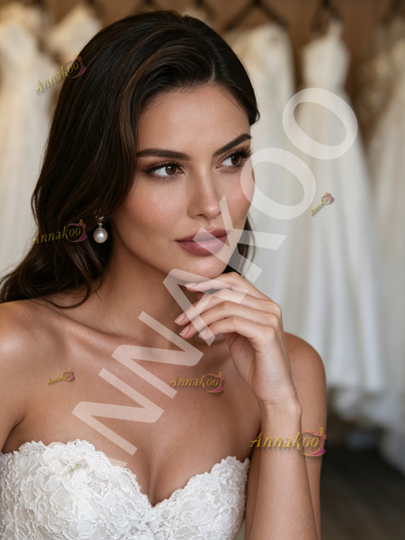 Close-up of intricate floral lace appliqués on a fitted column wedding gown