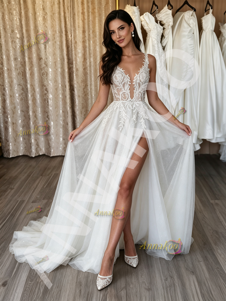 a flowing A-line lace wedding dress showing the graceful skirt