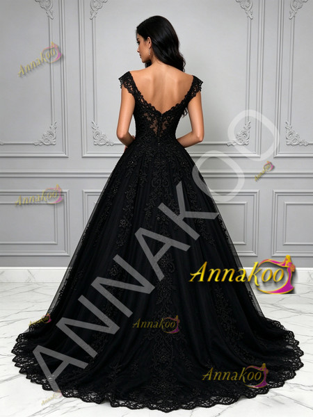 Elegant off the shoulder black tulle prom dress