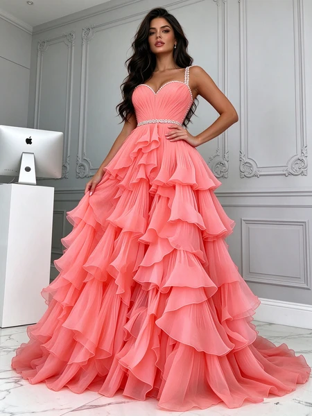 Shop 2026 ANNAKOO Watermelon Tulle A Line Ruffles Pearls Straps Prom Dress Under 259