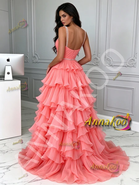 Watermelon Tulle A Line Ruffles Pearls Straps Prom Dress