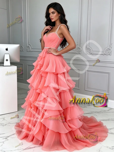 Watermelon Tulle A Line Ruffles Pearls Straps Prom Dress