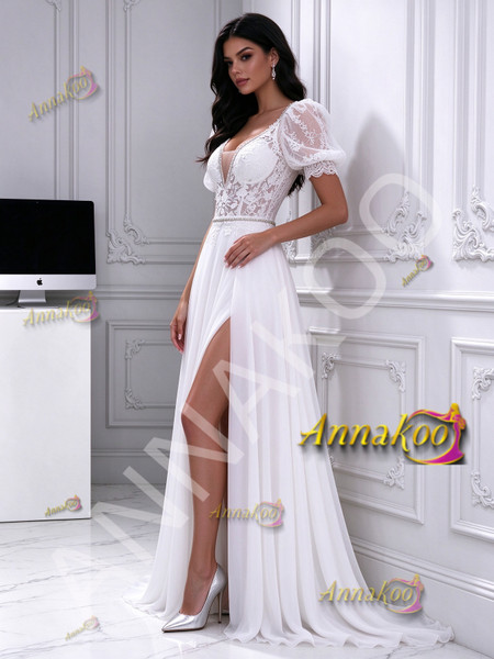 Short Sleeve V Neck Lace White Wedding Dress