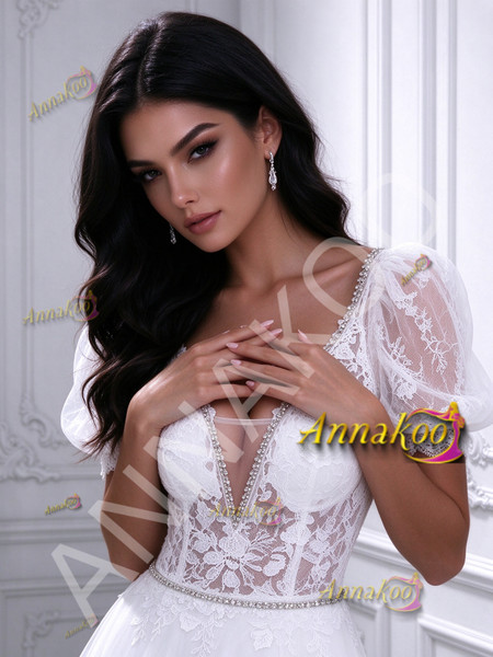 White Lace V Neck Short Sleeve Wedding Dress Detail