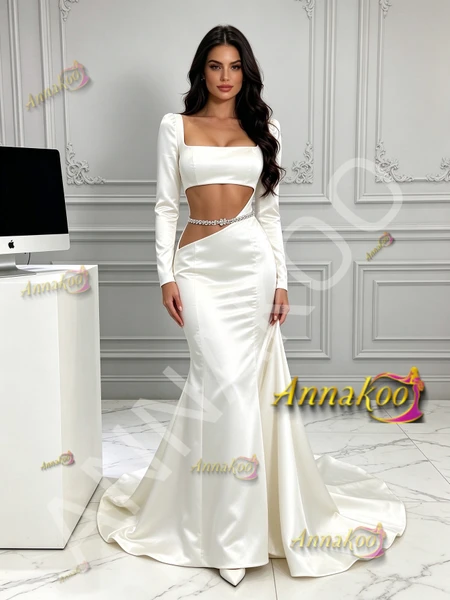 Beaded White Satin Mermaid Wedding Dress