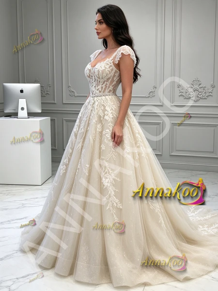 Side View of Flowing Tulle A-Line Wedding Gown