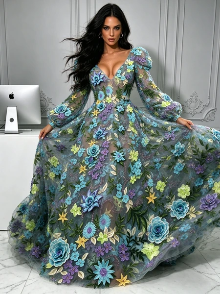 Elegant Green Floral A-Line Prom Dress Front