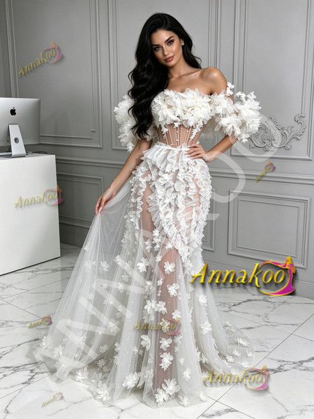 Side angle sheer white floral tulle prom dress featuring off the shoulder neckline
