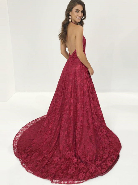 A-Line Halter Backless Dark Red Lace Prom Dress with Split
