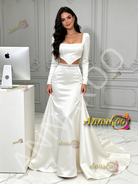 long sleeve beaded satin mermaid wedding gown