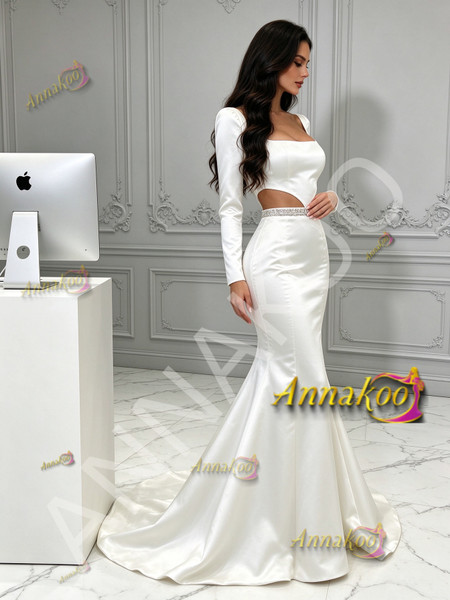 Backless long sleeve satin mermaid wedding dress with chapel train rear side view