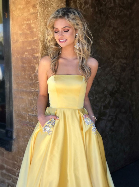 Beading A-Line Strapless Long Yellow Satin Prom Dress With Pockets