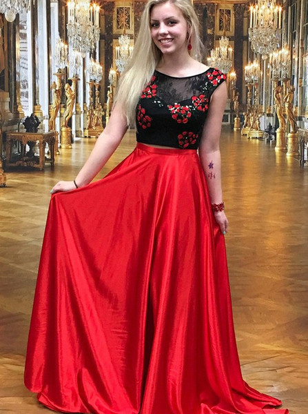 Red  Appliques Elastic Satin Two Piece Open Back Prom Dress 