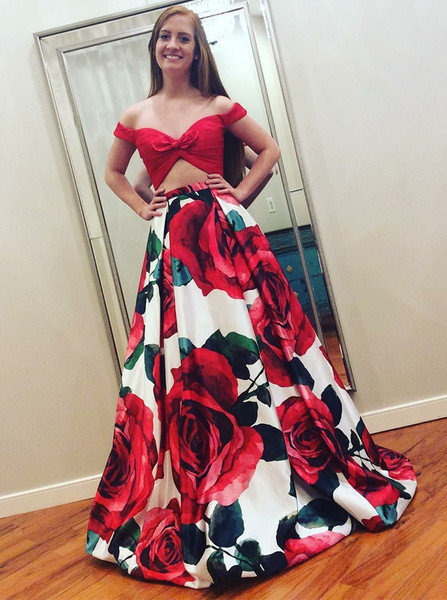 Print Red Floral Satin Two Piece Off-the-Shoulder Prom Dress