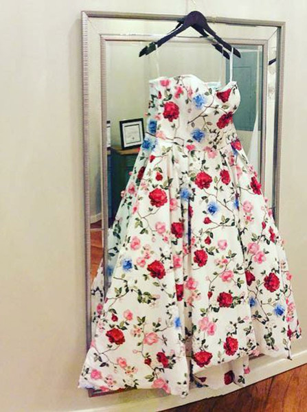 High Low Ankle Length White Floral Satin Ball Gown Strapless Prom Dress